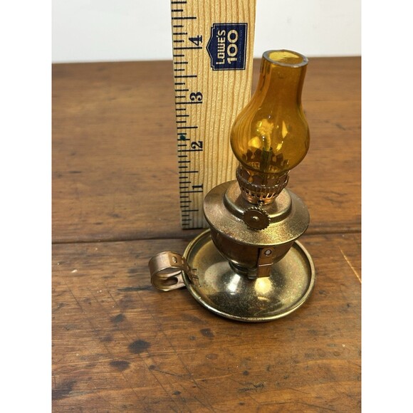 Vintage Miniature Oil Lamp Copper & Amber Glass W/Finger Holds Tilts Decorative - Picture 9 of 9